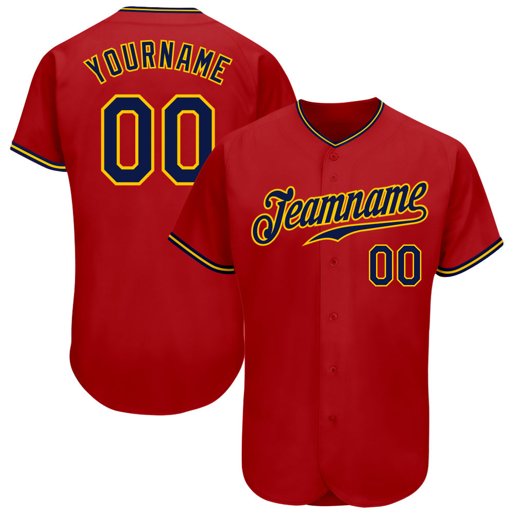 Custom Red Navy-Gold Authentic Baseball Jersey - Main View
