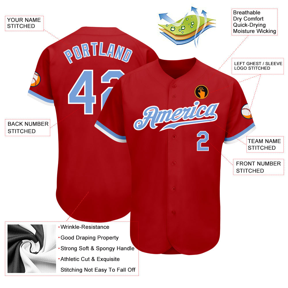Custom Red Light Blue-White Authentic Baseball Jersey view 3