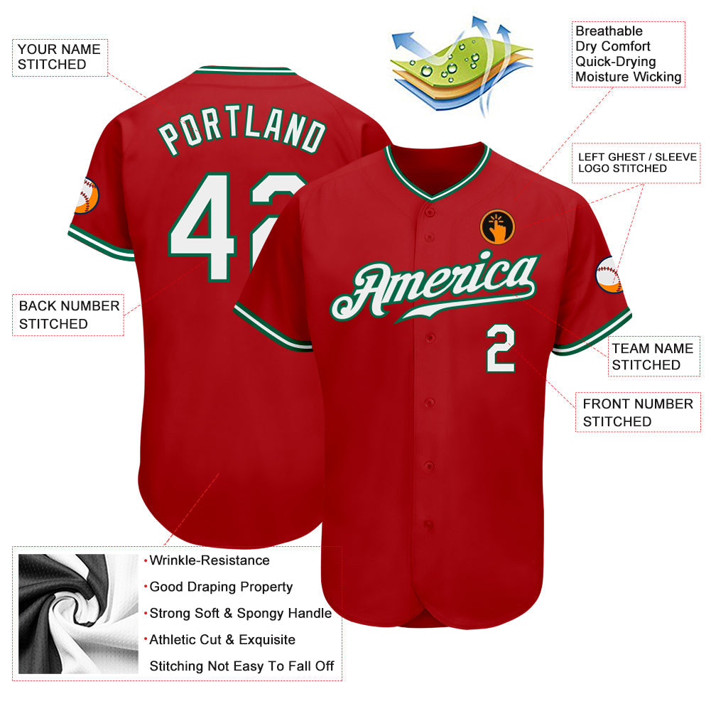 Custom Red White-Kelly Green Authentic Baseball Jersey view 3