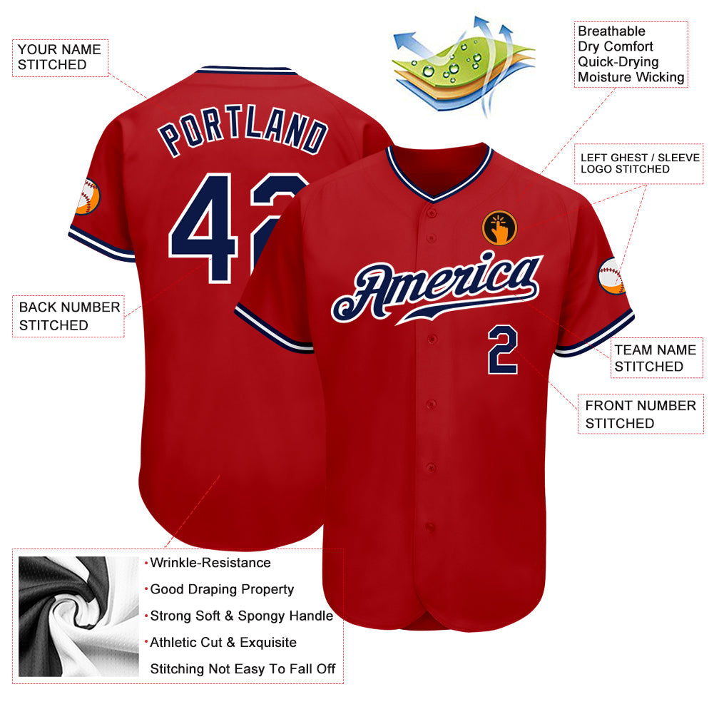Custom Red White-Navy Authentic Baseball Jersey view 3