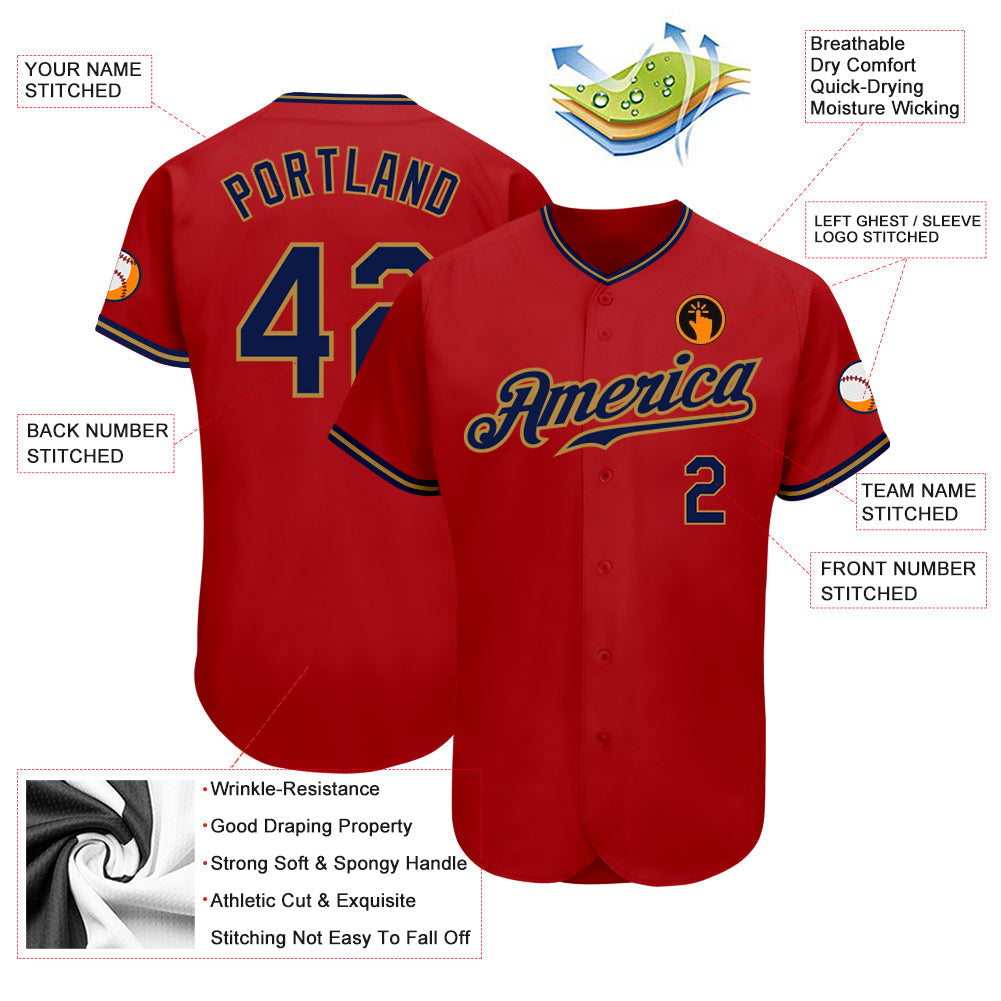 Custom Red Navy-Old Gold Authentic Baseball Jersey view 3