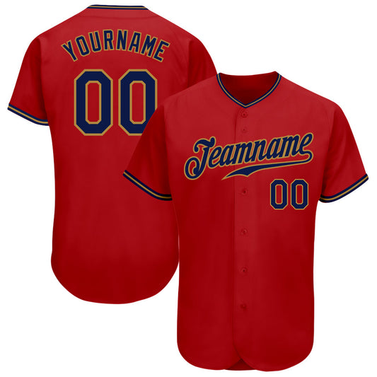 Custom Red Navy-Old Gold Authentic Baseball Jersey - Main View