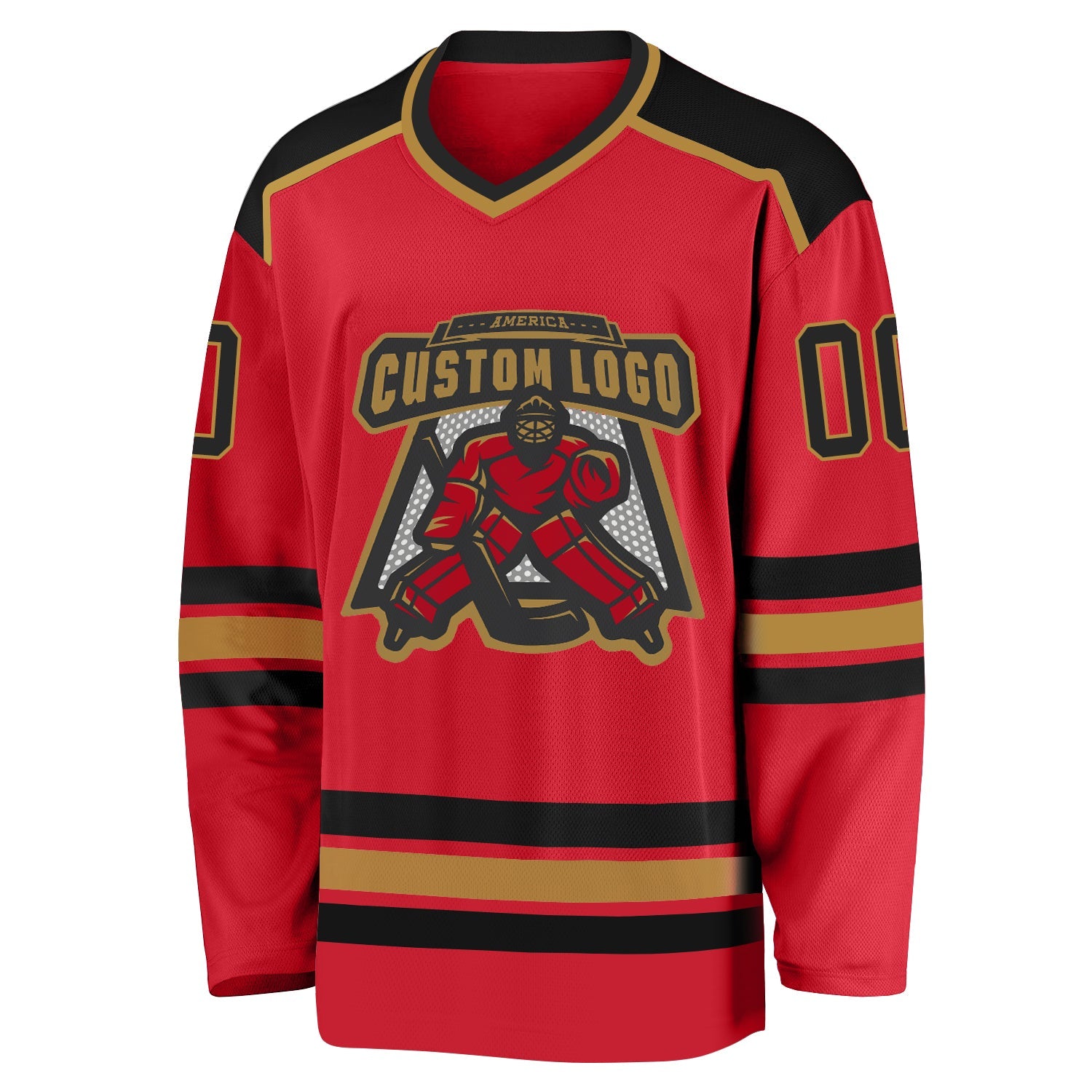 Custom Red Black-Old Gold Hockey Jersey view 2