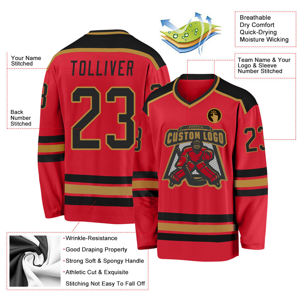 Custom Red Black-Old Gold Hockey Jersey view 3