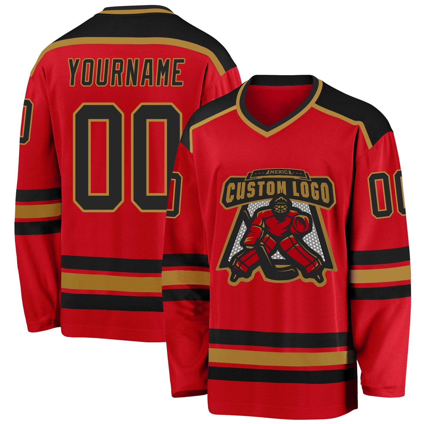 Custom Red Black-Old Gold Hockey Jersey - Main View