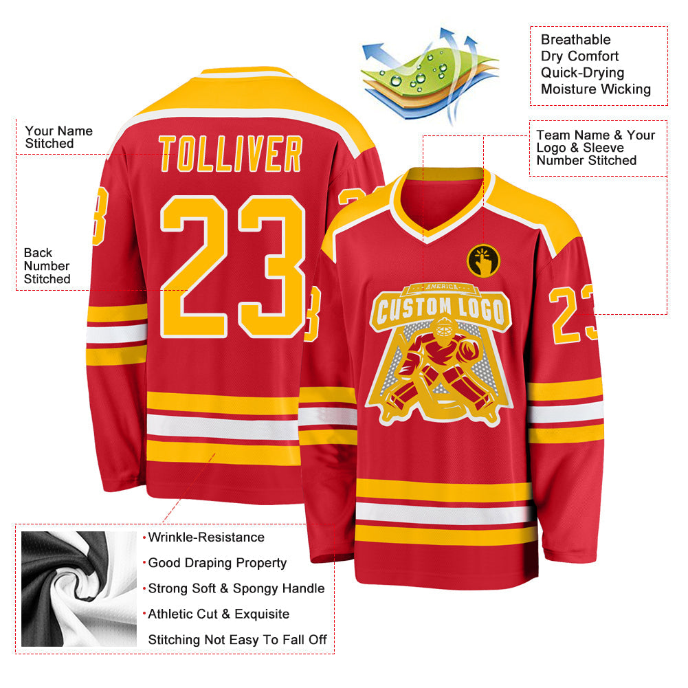 Custom Red Gold-White Hockey Jersey view 3