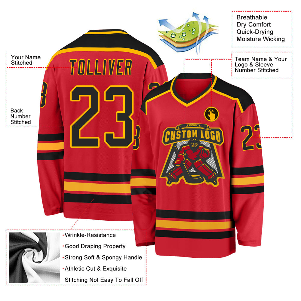 Custom Red Black-Gold Hockey Jersey view 3