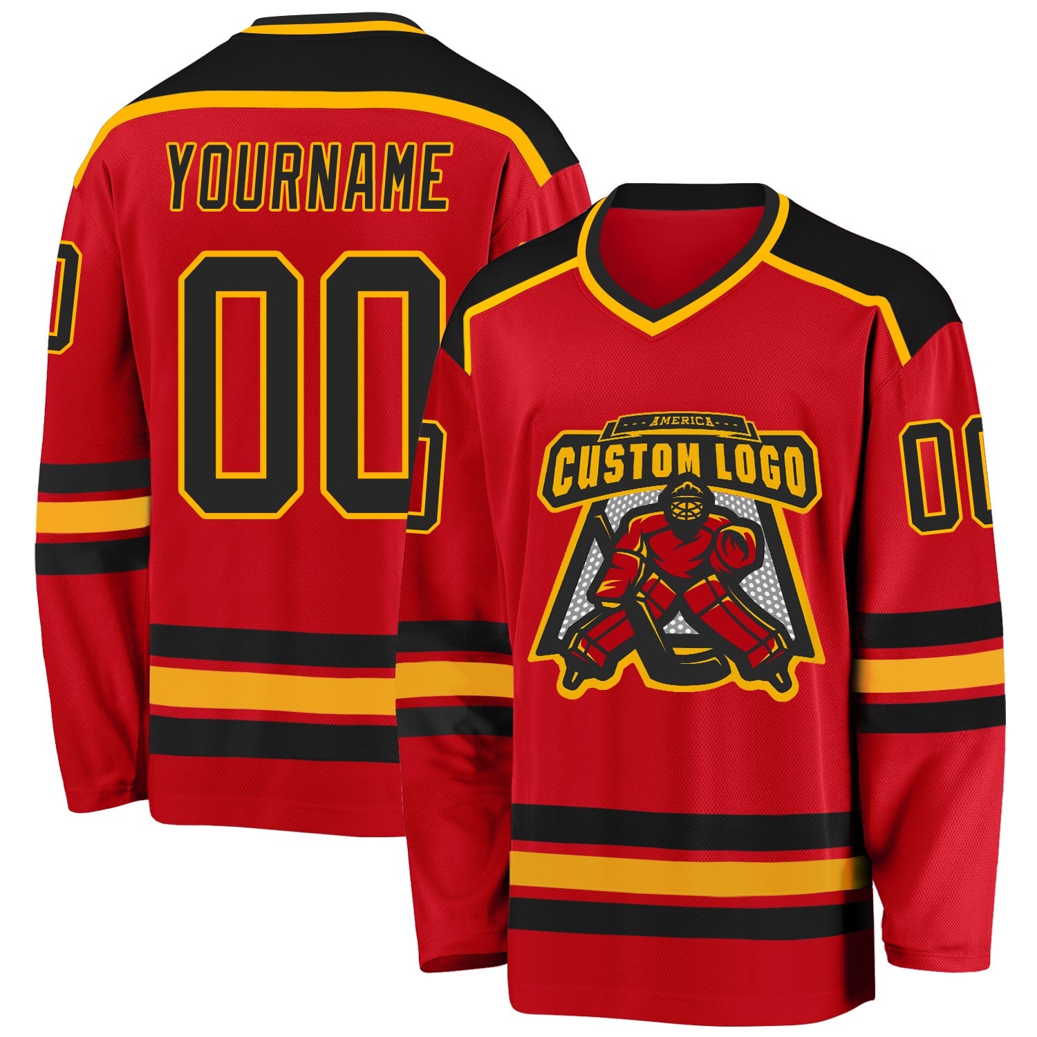 Custom Red Black-Gold Hockey Jersey - Main View