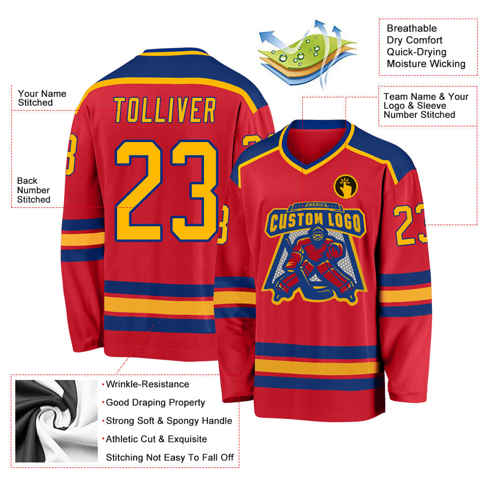 Custom Red Gold-Royal Hockey Jersey view 3