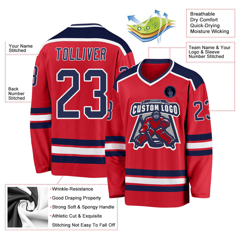 Custom Red Navy-White Hockey Jersey view 3