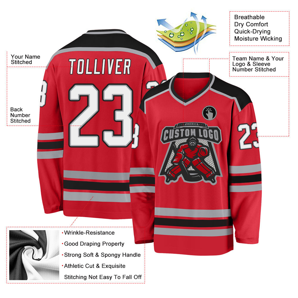 Custom Red White-Black Hockey Jersey view 3
