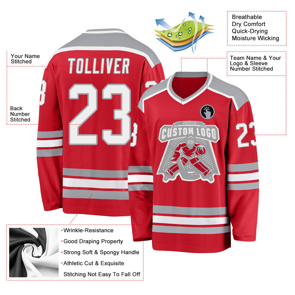 Custom Red White-Gray Hockey Jersey view 3