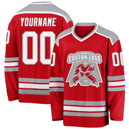 Custom Red White-Gray Hockey Jersey - Main View