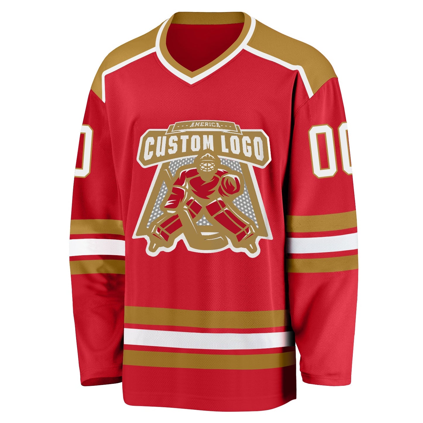 Custom Red White-Old Gold Hockey Jersey view 2