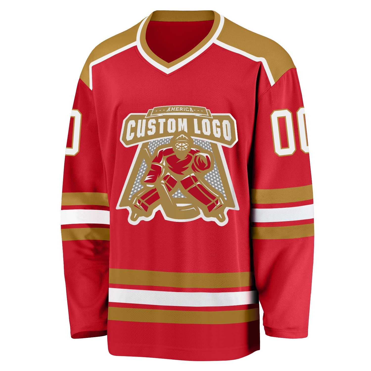 Custom Red White-Old Gold Hockey Jersey view 2