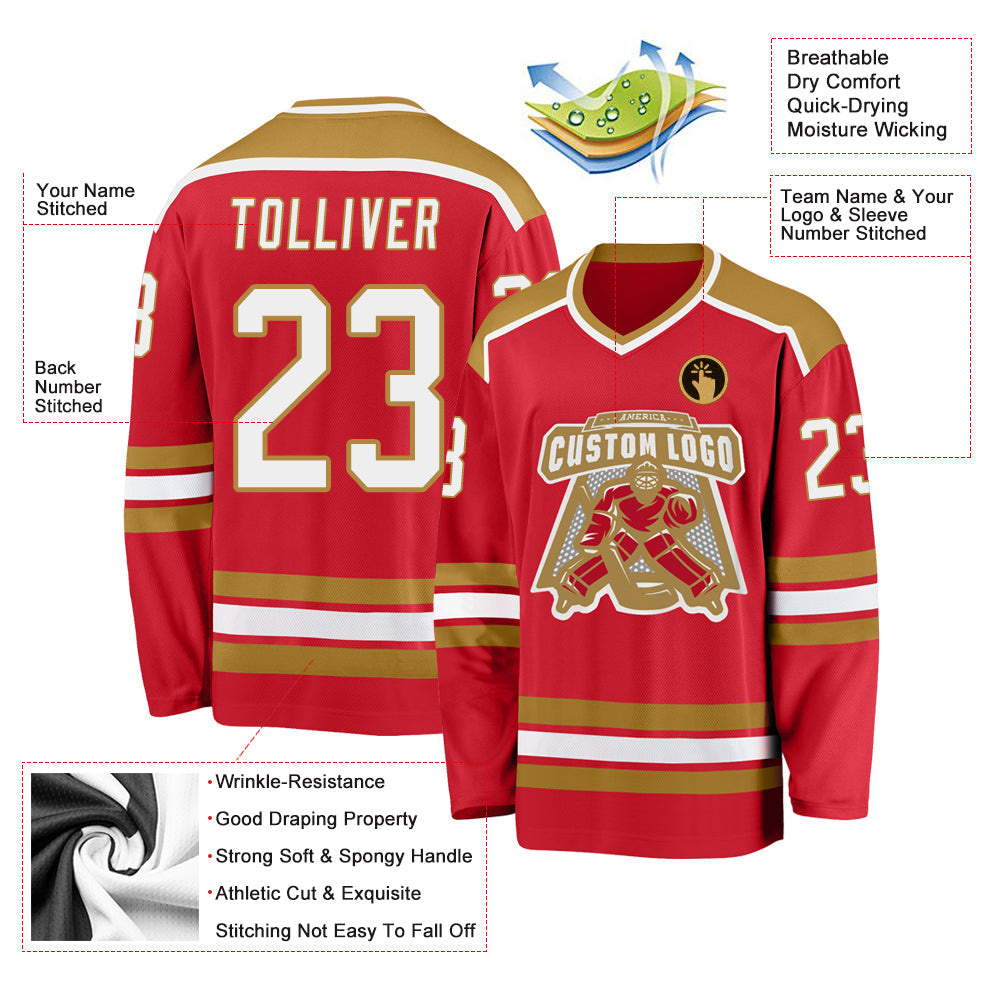 Custom Red White-Old Gold Hockey Jersey view 3