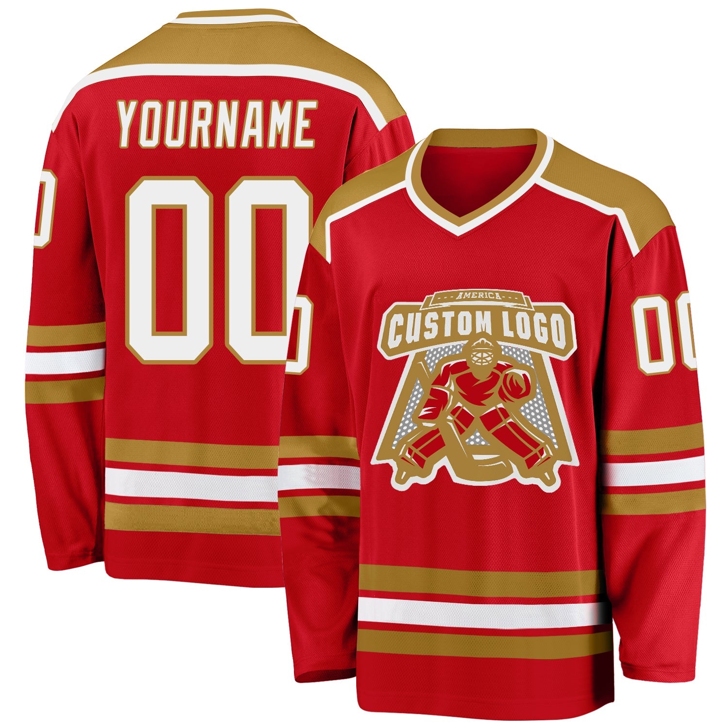 Custom Red White-Old Gold Hockey Jersey - Main View