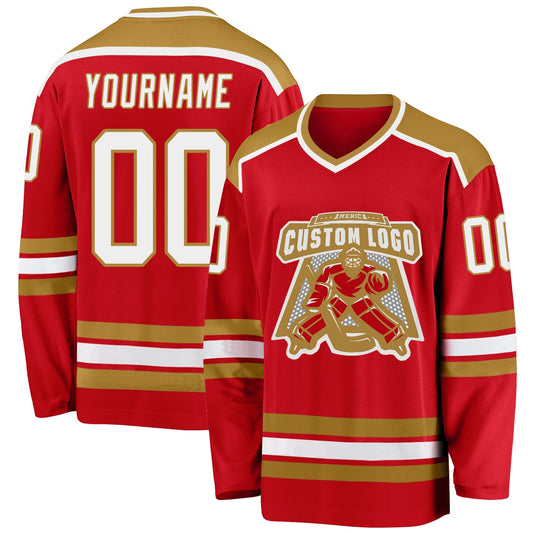 Custom Red White-Old Gold Hockey Jersey - Main View
