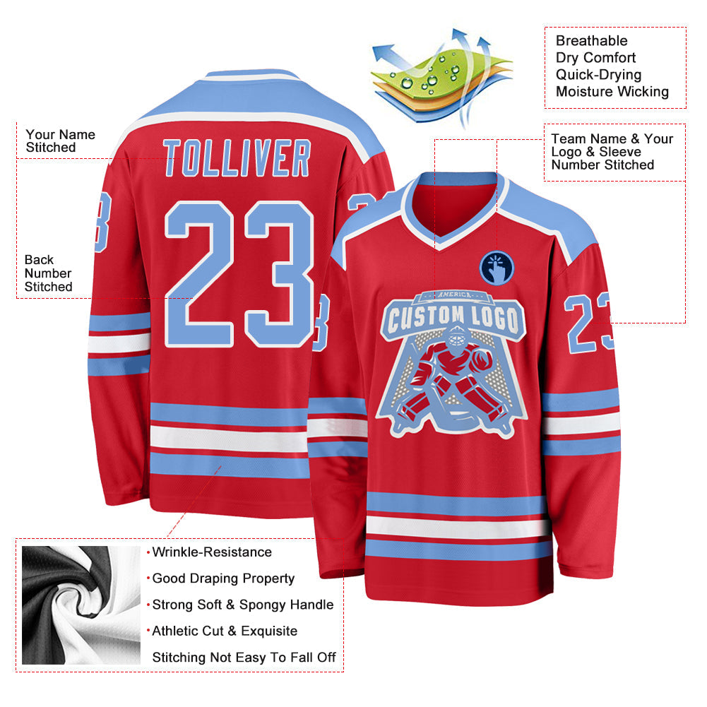 Custom Red Light Blue-White Hockey Jersey view 3