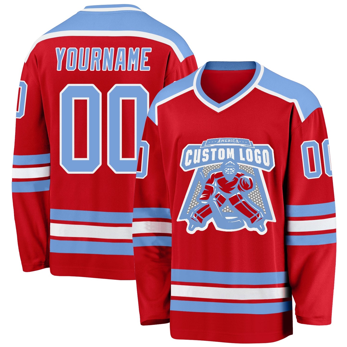 Custom Red Light Blue-White Hockey Jersey - Main View