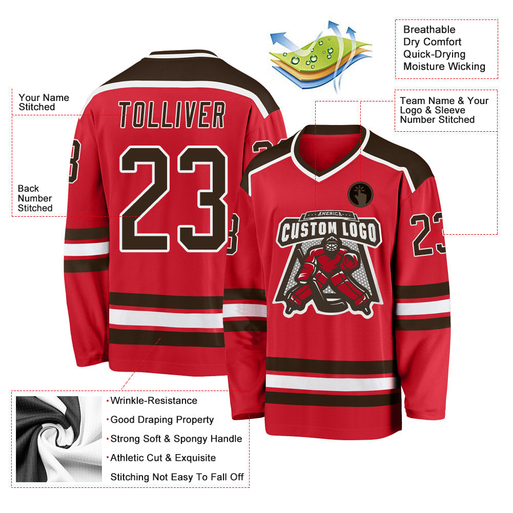 Custom Red Brown-White Hockey Jersey view 3