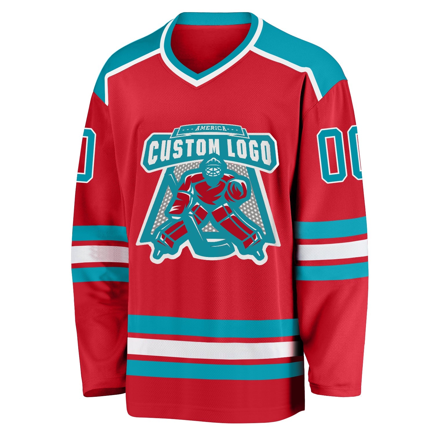 Custom Red Teal-White Hockey Jersey view 2
