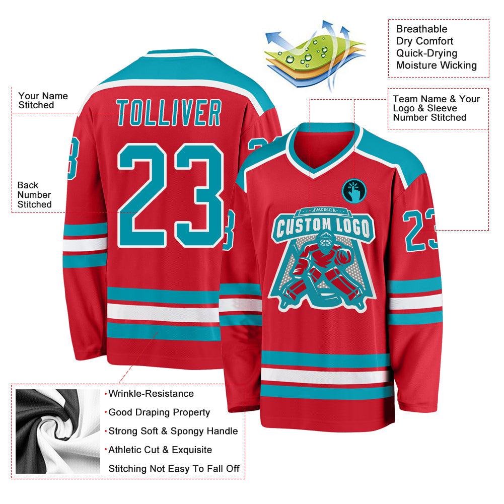 Custom Red Teal-White Hockey Jersey view 3