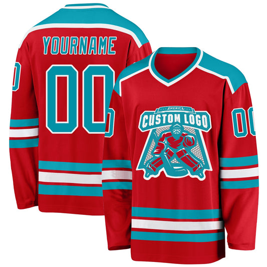 Custom Red Teal-White Hockey Jersey - Main View