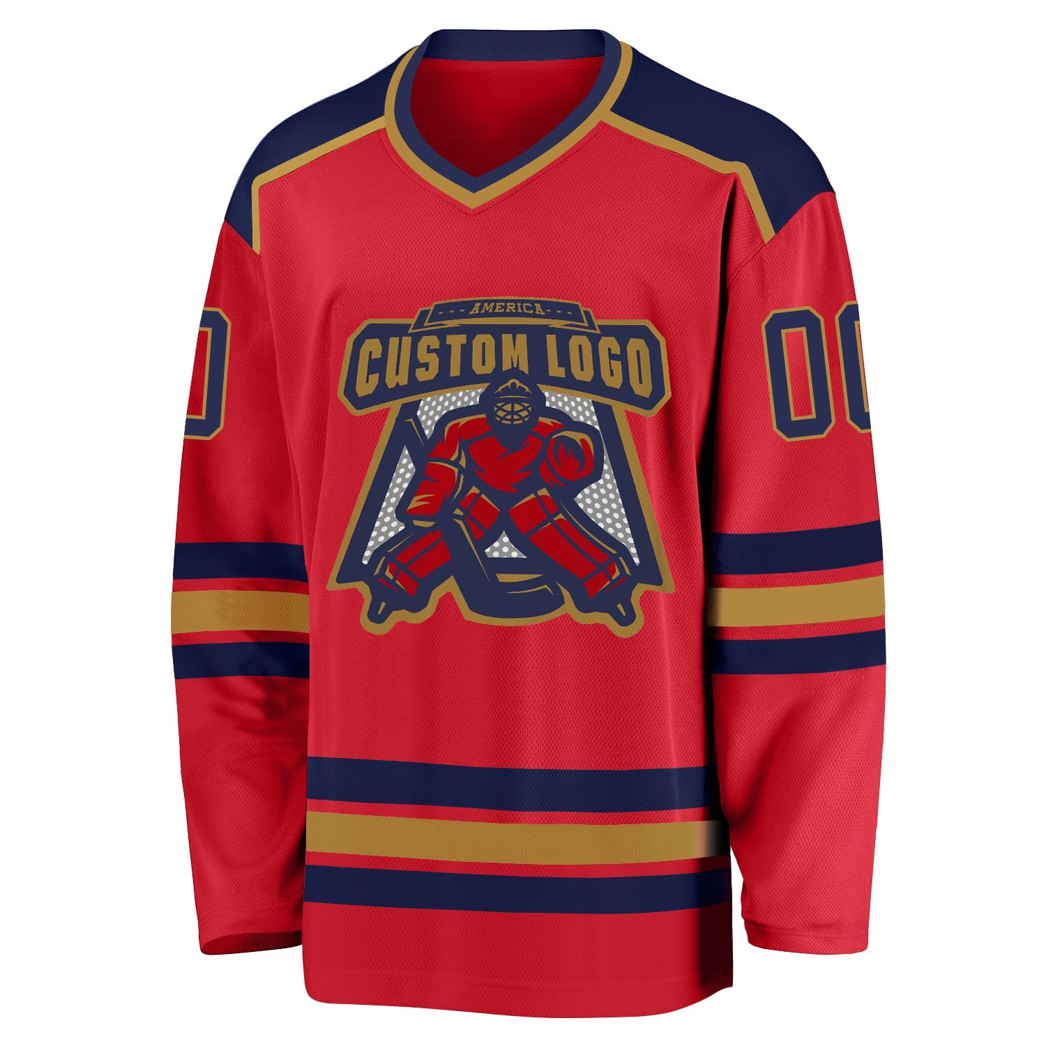 Custom Red Navy-Old Gold Hockey Jersey view 2