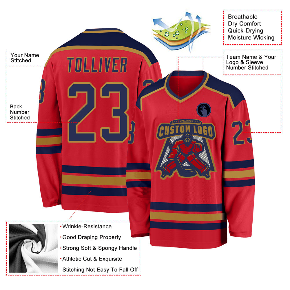 Custom Red Navy-Old Gold Hockey Jersey view 3