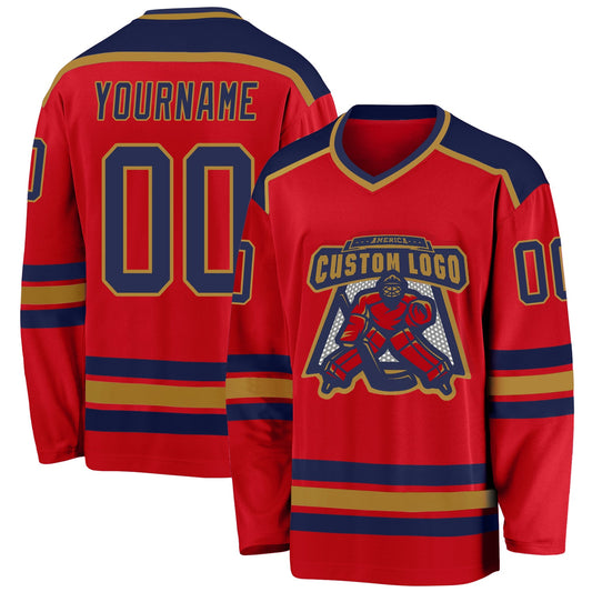 Custom Red Navy-Old Gold Hockey Jersey - Main View
