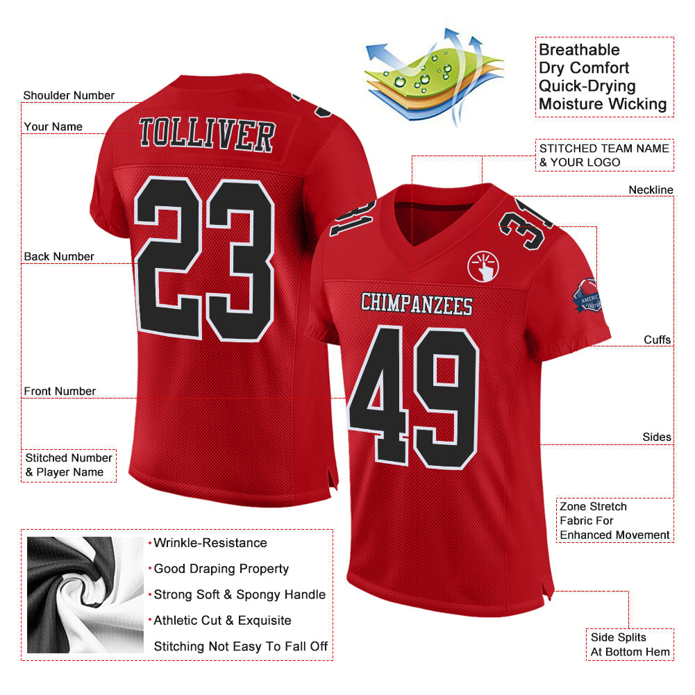 Custom Red Black-White Mesh Authentic Football Jersey view 2