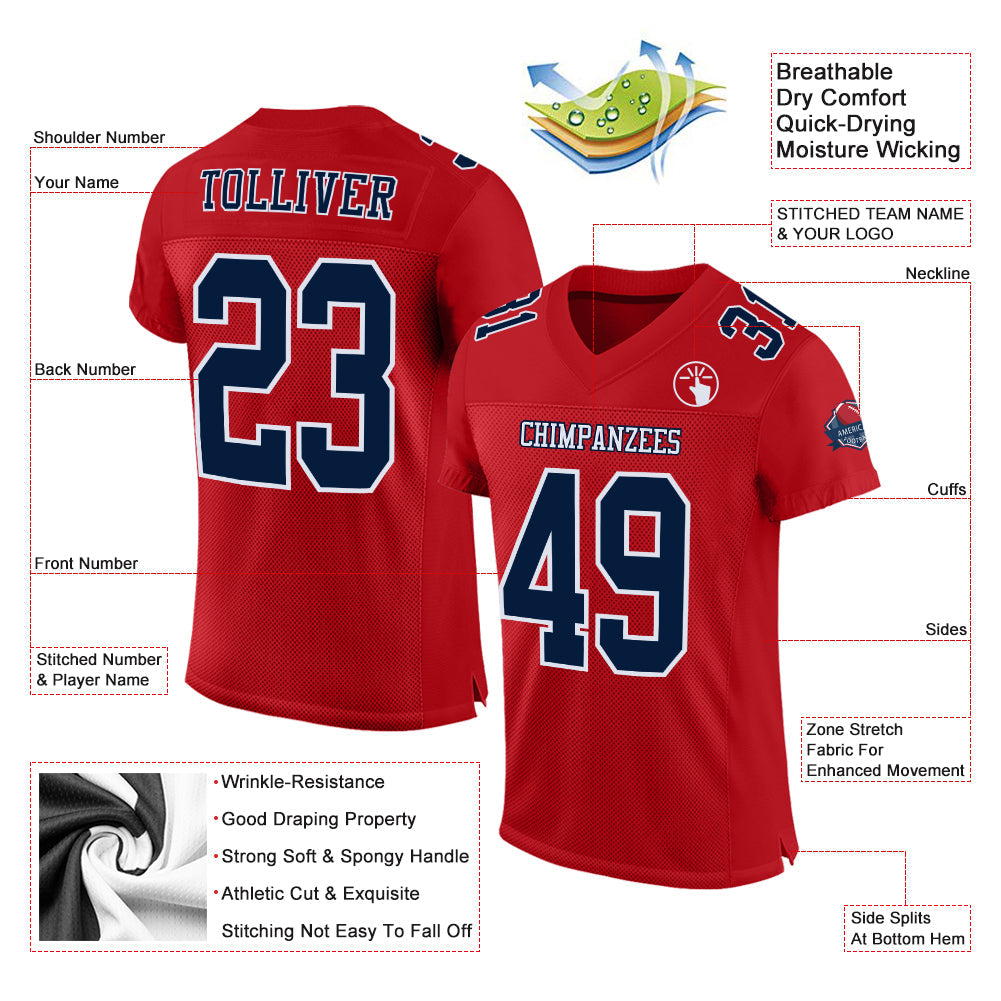 Custom Red Navy-White Mesh Authentic Football Jersey view 2