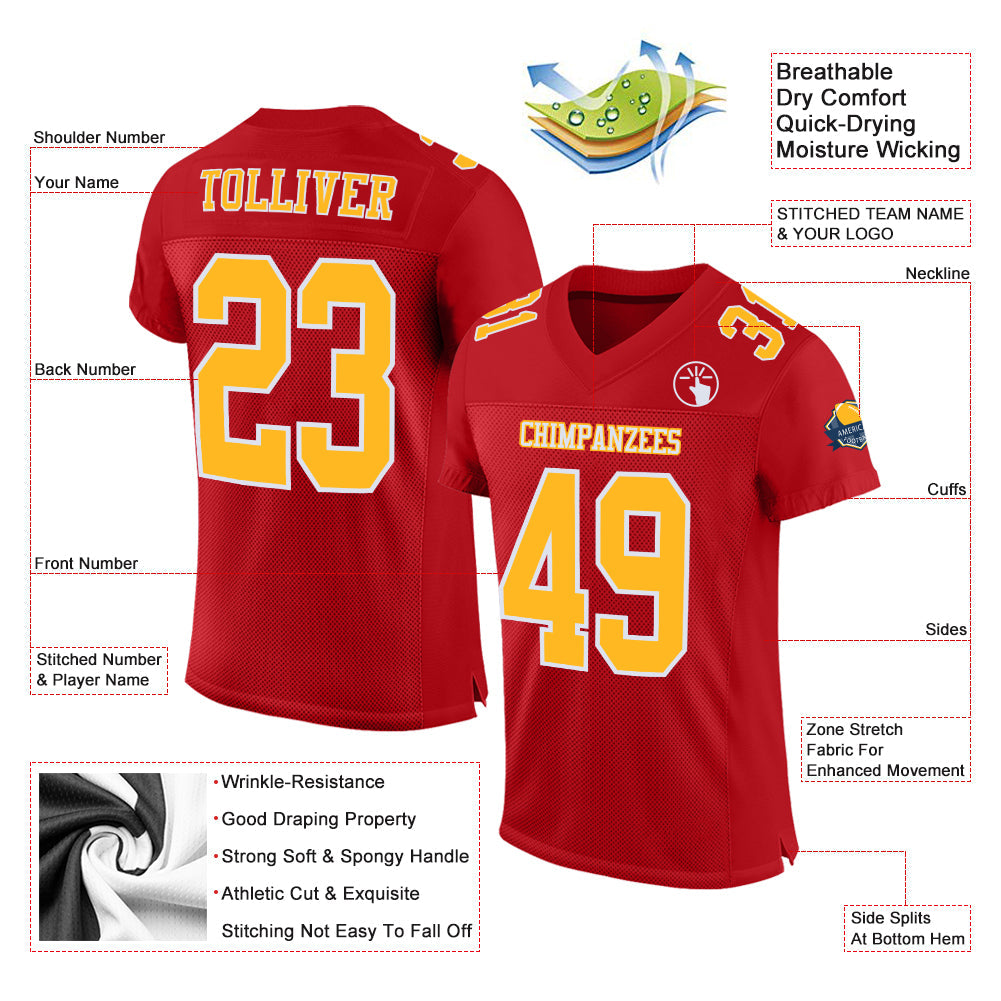 Custom Red Gold-White Mesh Authentic Football Jersey view 2