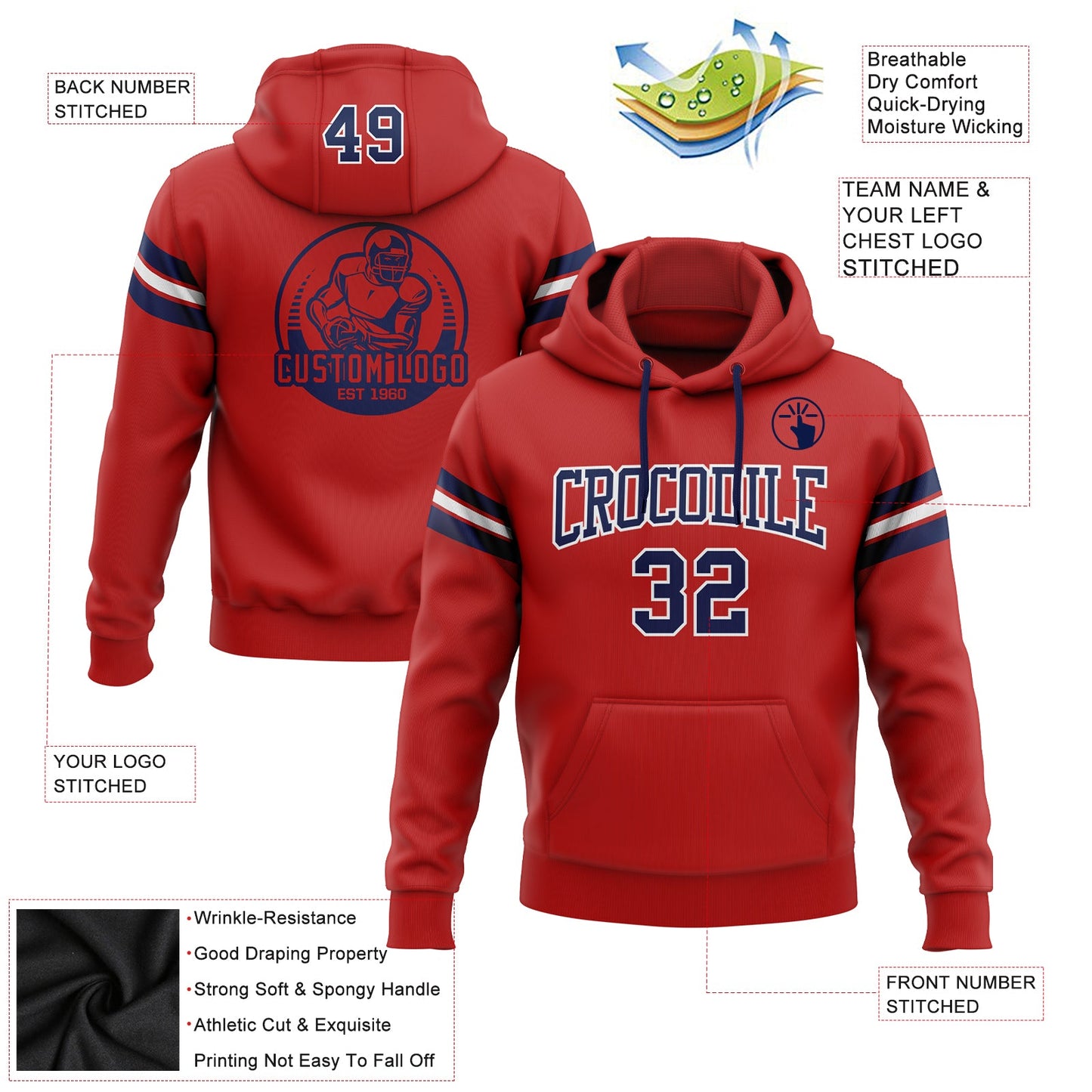 Custom Stitched Red Navy-White Football Pullover Sweatshirt Hoodie view 2