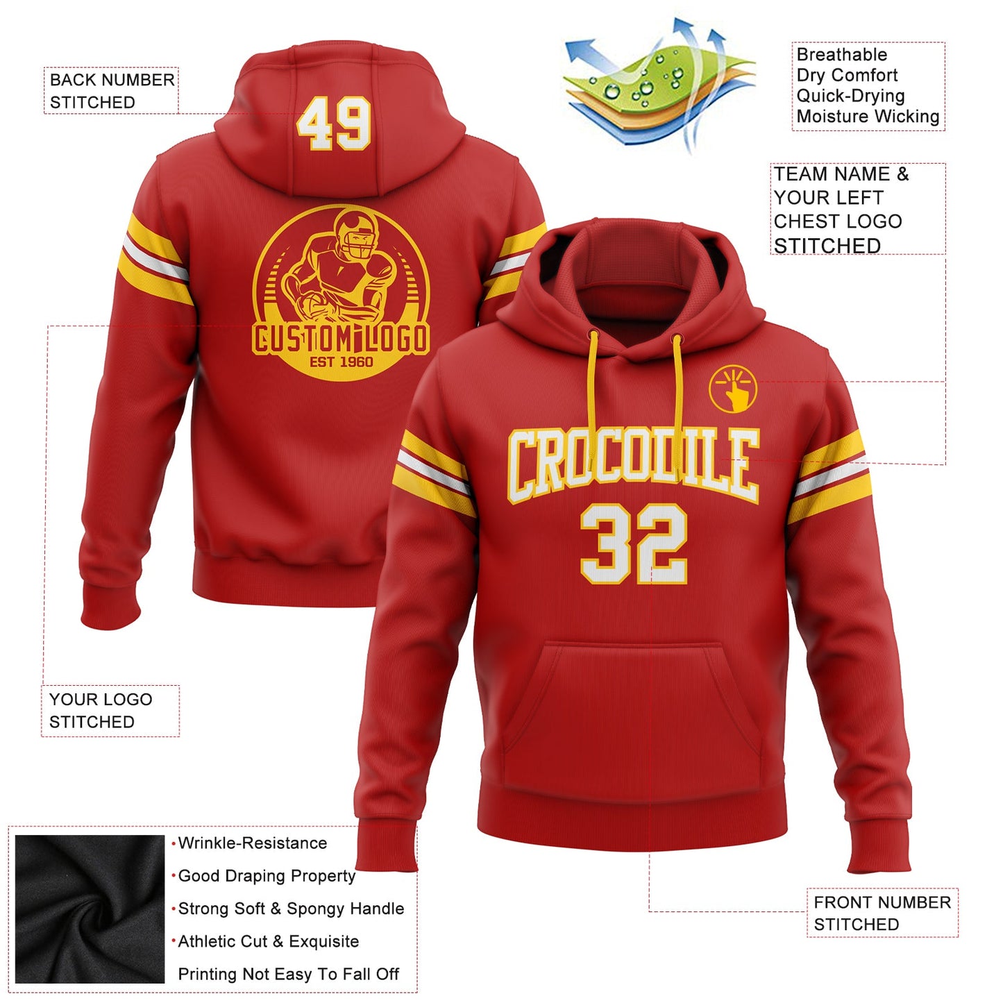 Custom Stitched Red White-Gold Football Pullover Sweatshirt Hoodie view 2