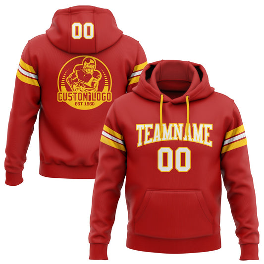 Custom Stitched Red White-Gold Football Pullover Sweatshirt Hoodie - Main View