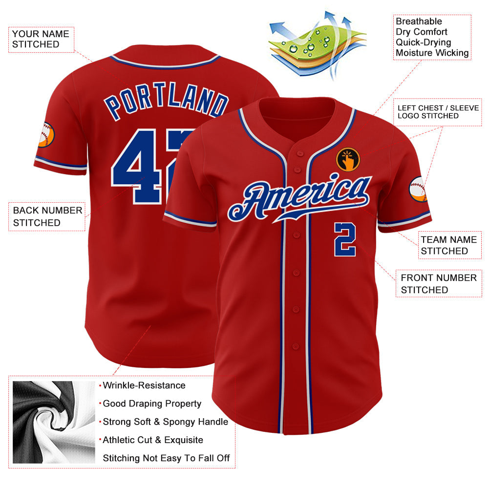 Custom Red Royal-White Authentic Baseball Jersey view 3