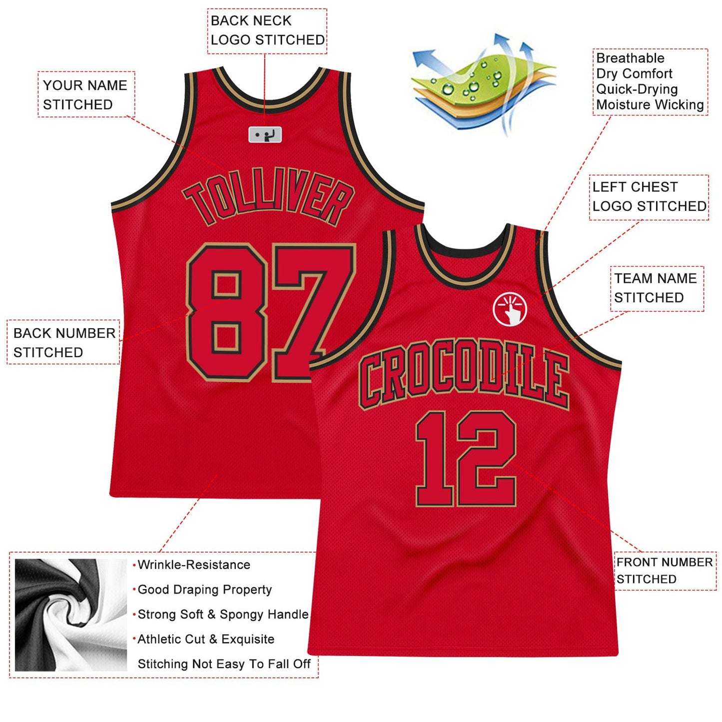 Custom Red Red Black-Old Gold Authentic Throwback Basketball Jersey view 2