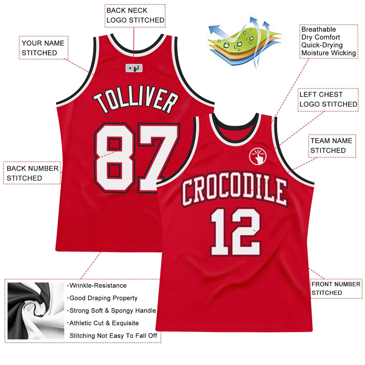 Custom Red White-Black Authentic Throwback Basketball Jersey view 2