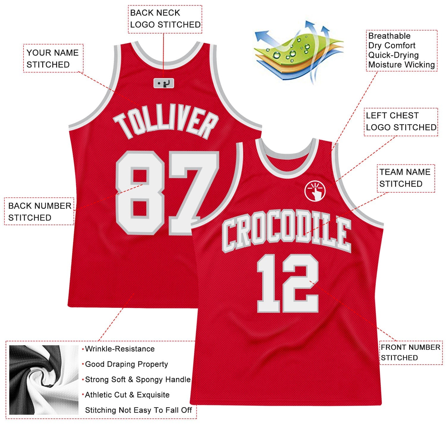 Custom Red White-Gray Authentic Throwback Basketball Jersey view 2