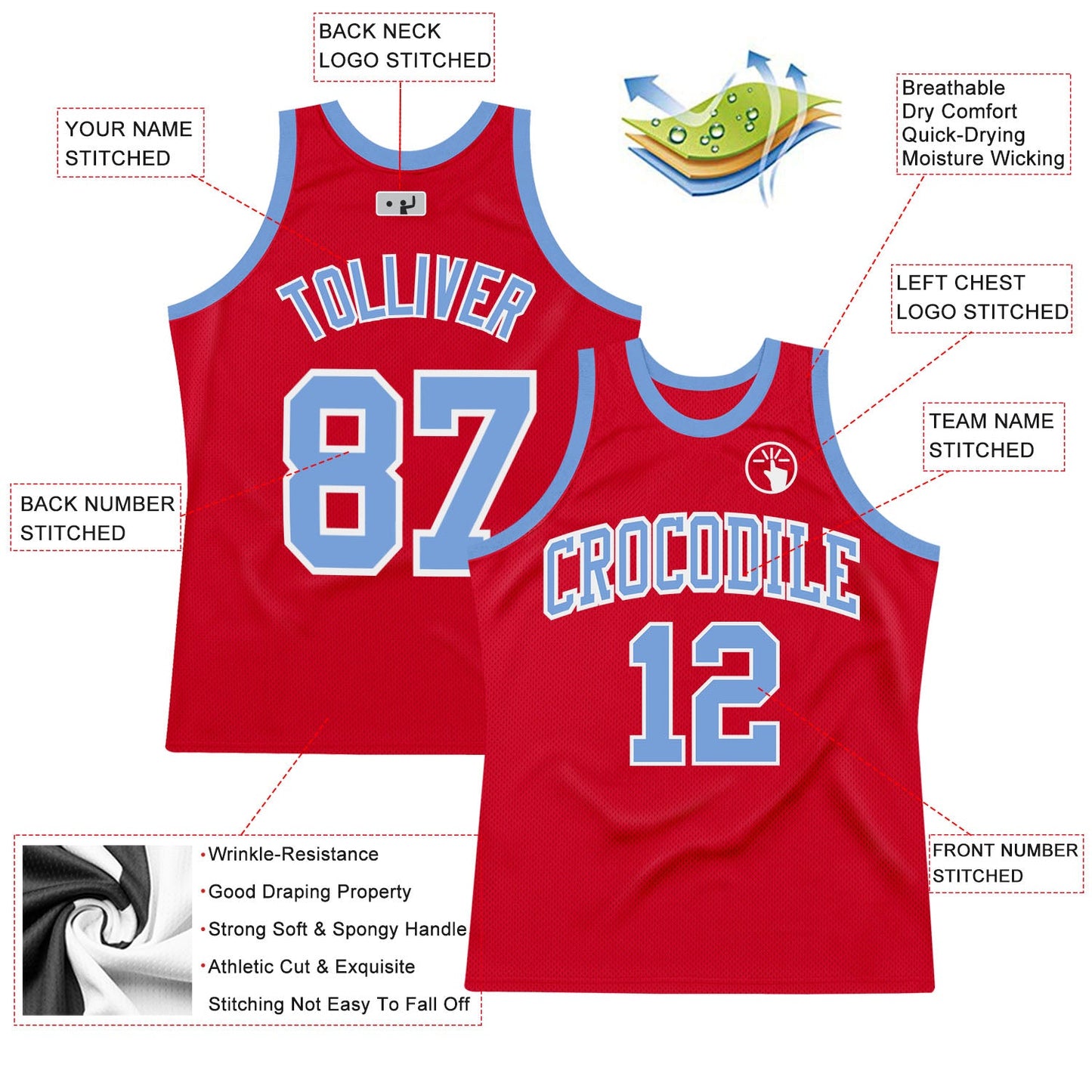 Custom Red Light Blue-White Authentic Throwback Basketball Jersey view 2