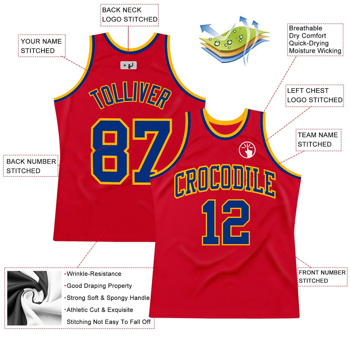 Custom Red Royal-Gold Authentic Throwback Basketball Jersey view 2