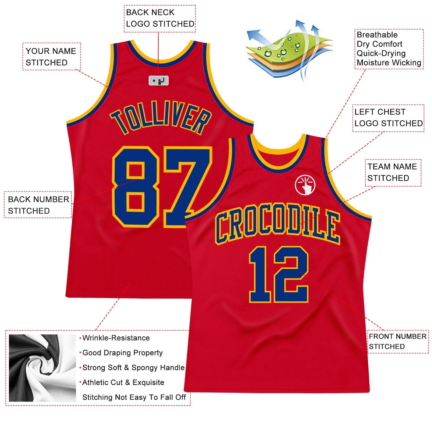 Custom Red Royal-Gold Authentic Throwback Basketball Jersey view 2