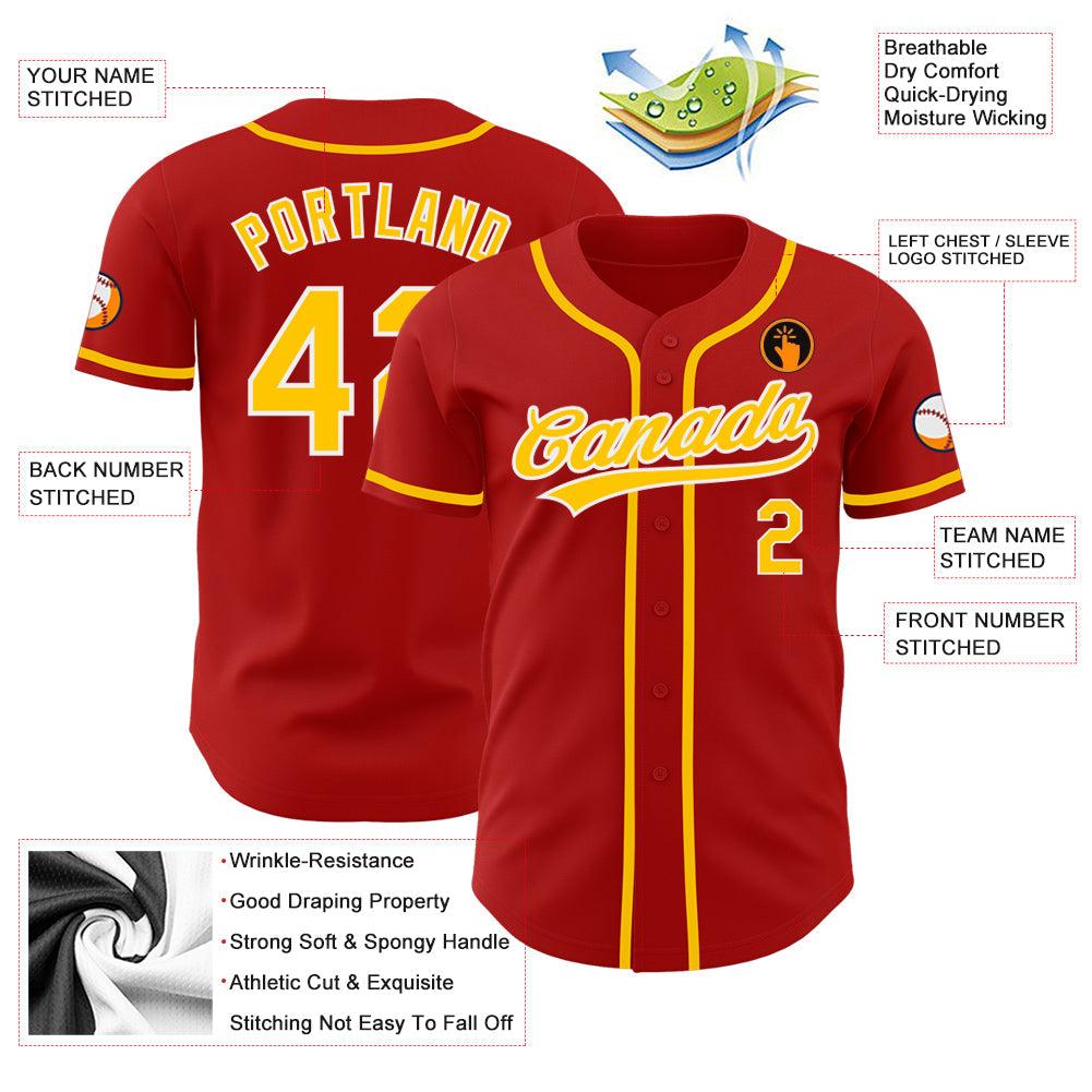 Custom Red Gold-White Authentic Baseball Jersey view 3