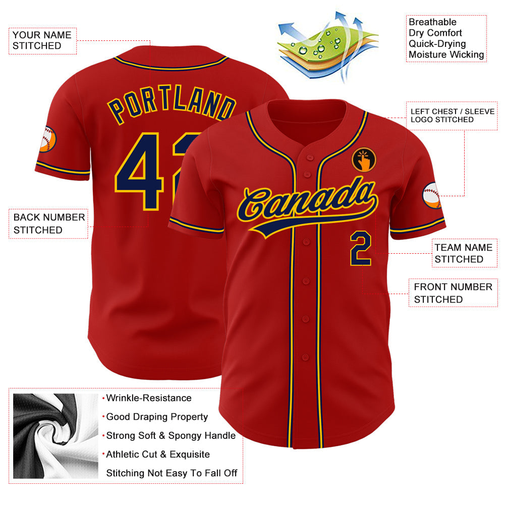 Custom Red Navy-Gold Authentic Baseball Jersey view 3