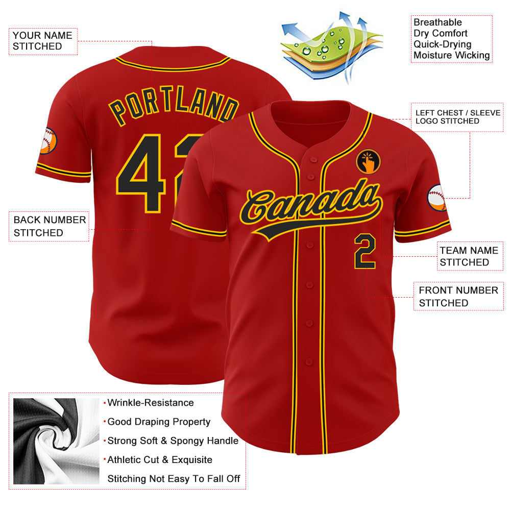 Custom Red Black-Gold Authentic Baseball Jersey view 3