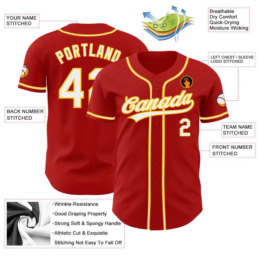 Custom Red White-Gold Authentic Baseball Jersey view 3