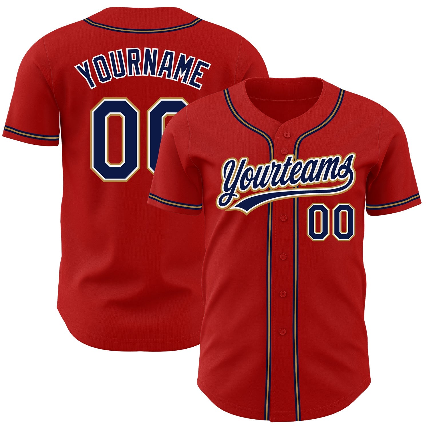 Custom Red Navy-Old Gold Authentic Baseball Jersey - Main View