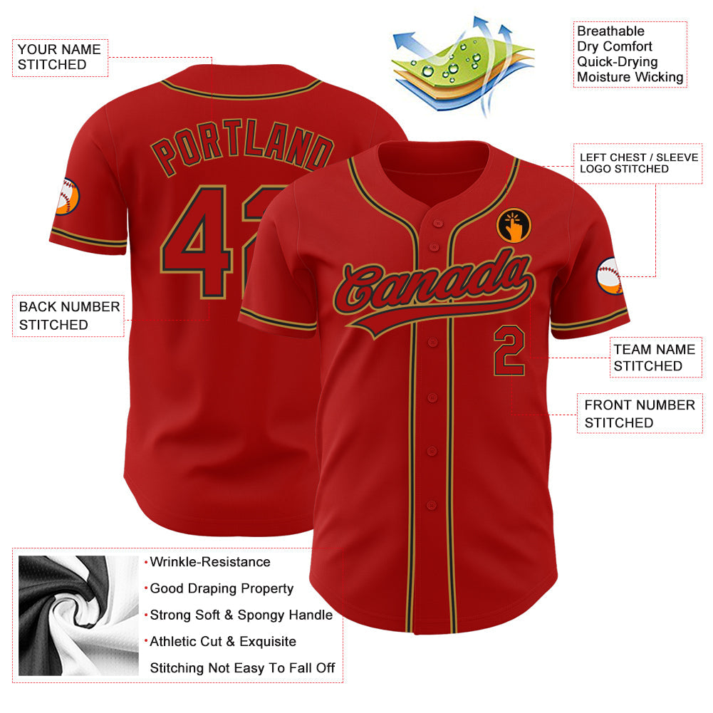 Custom Red Red Black-Old Gold Authentic Baseball Jersey view 3